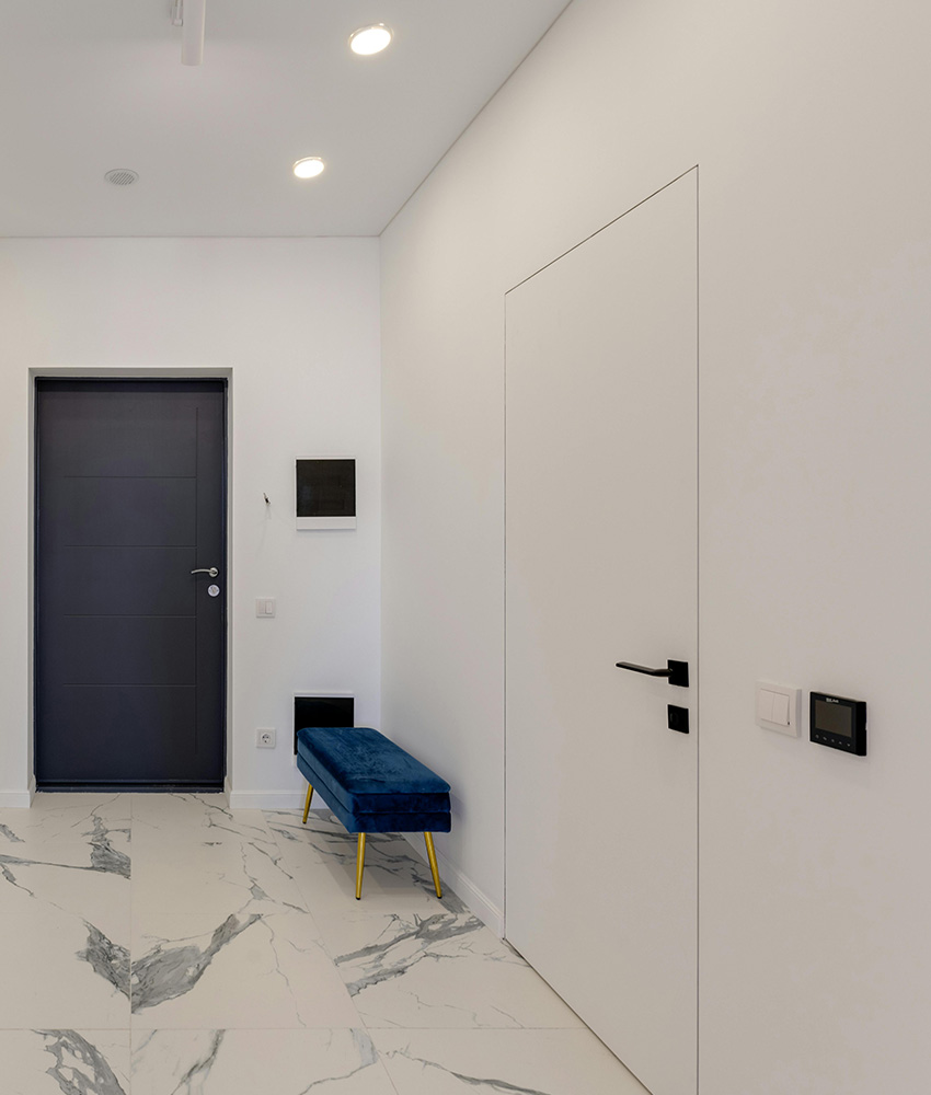 Modern high-rise condominium interior with city skyline atmosphere